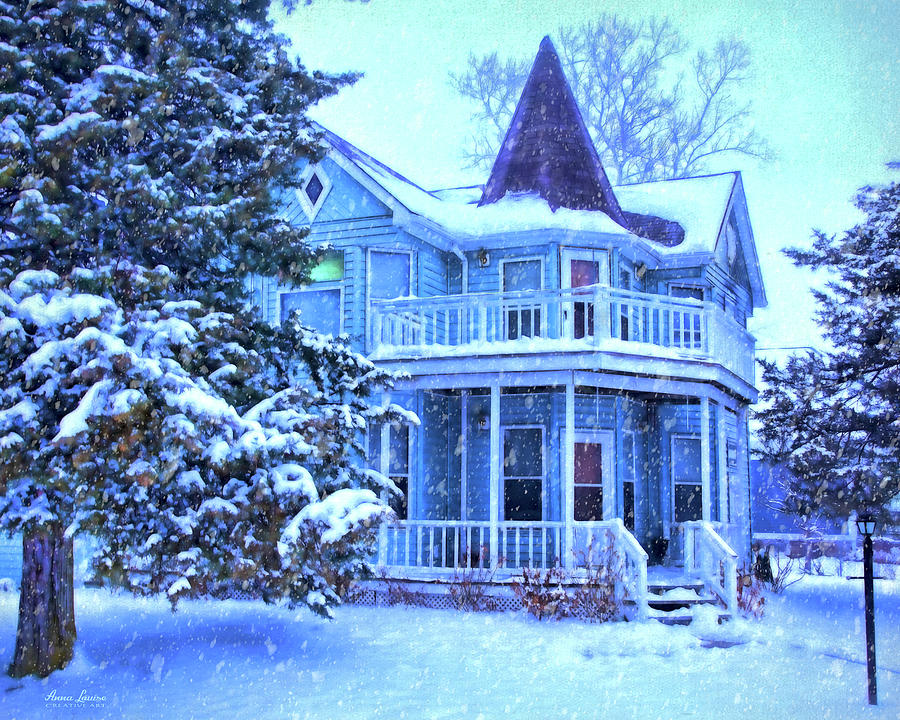 blue victorian house in snow anna louise image