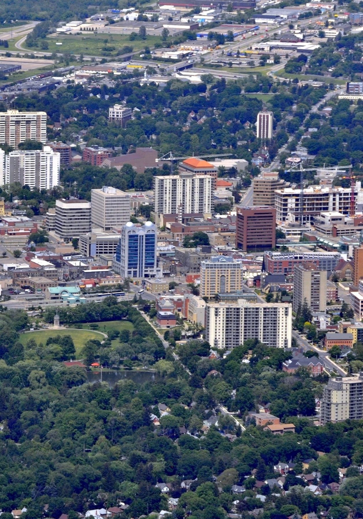 aerial view of  the downtown area Kitchener Waterloo, Ontario Canada